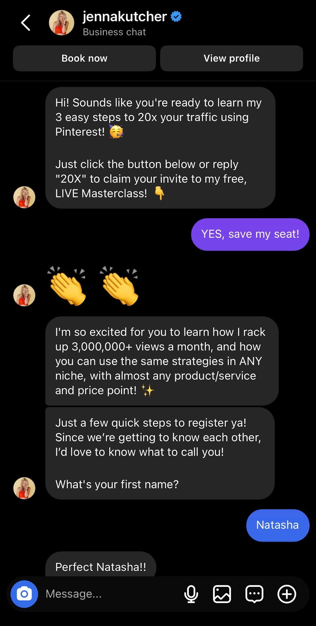 Jenna Kutcher free live webinar Instagram DM funnel