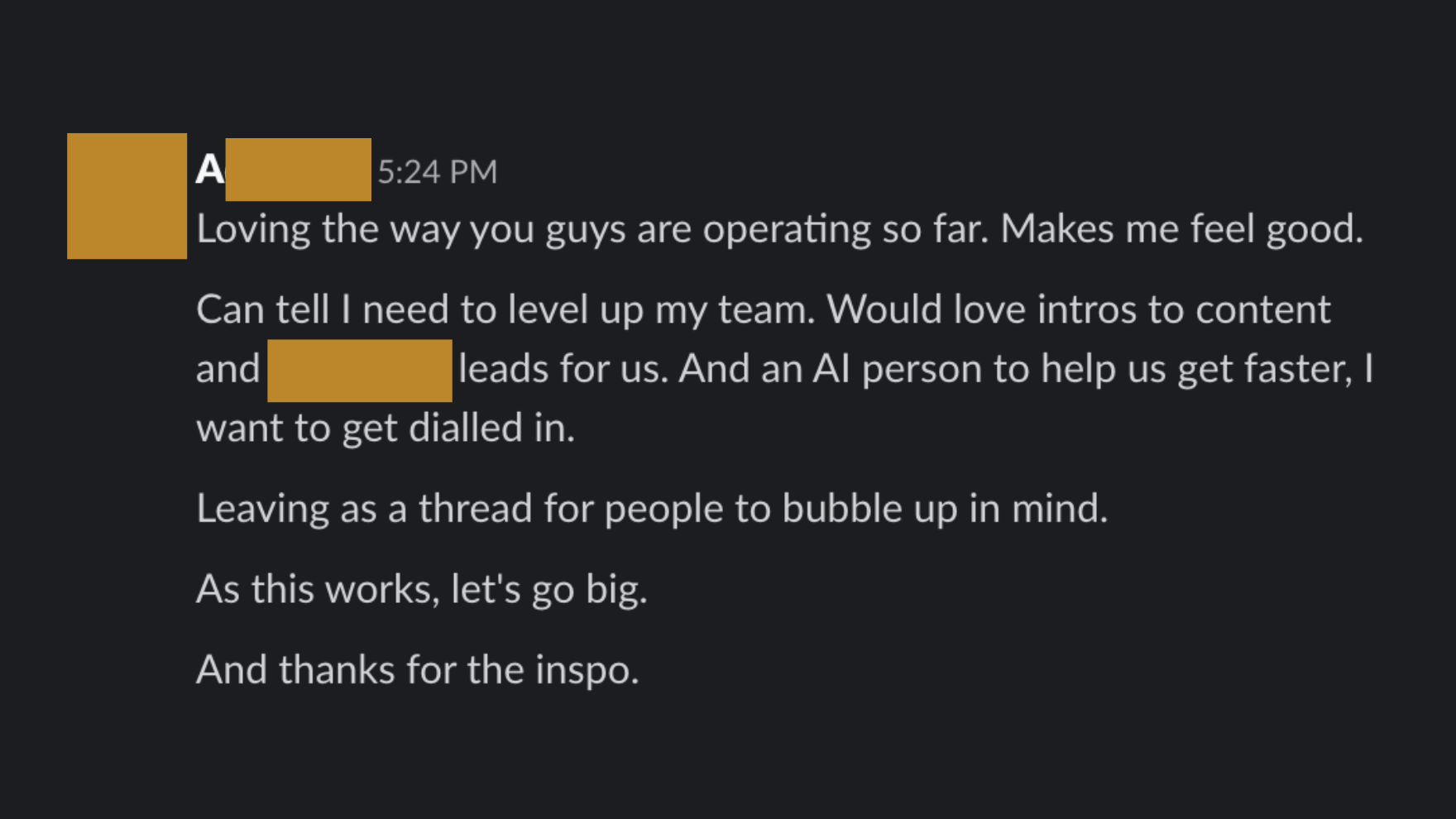 Client Slack message within 24 hours